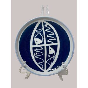 Fish Bowl Plate Asian Unbranded Blue White with Bottom Rim